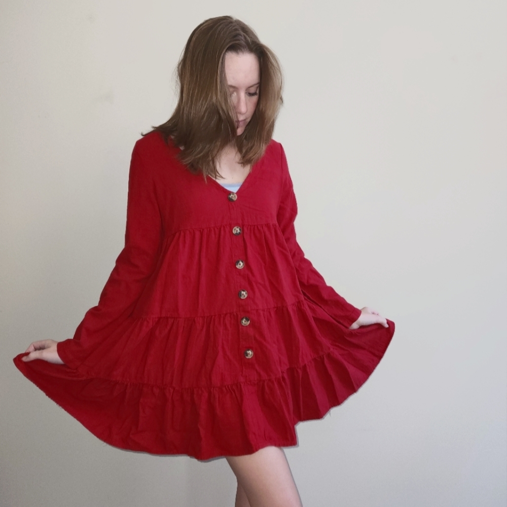 100% cotton festive red babydoll dress